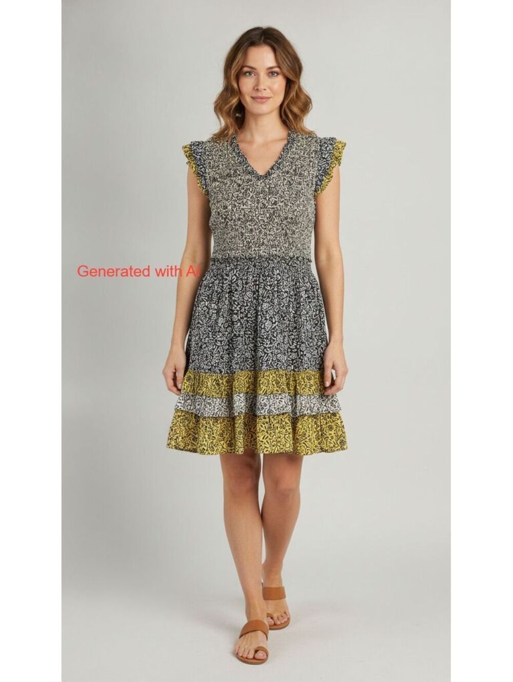 Current Air Smocked Knee Length Black and Yellow Floral Dress Size M